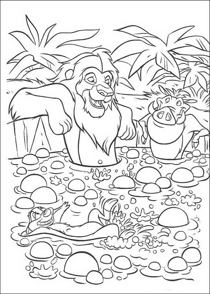 Print Simba, Timon en Pumba in het bad kleurplaat